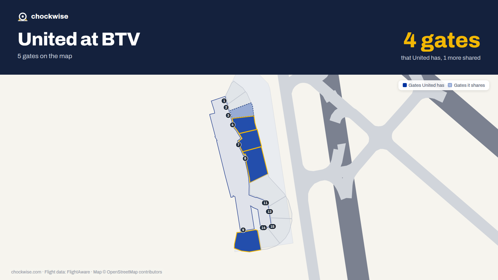 Map of BTV with the gates United Airlines uses highlighted: 4, 7, 8 and 9.