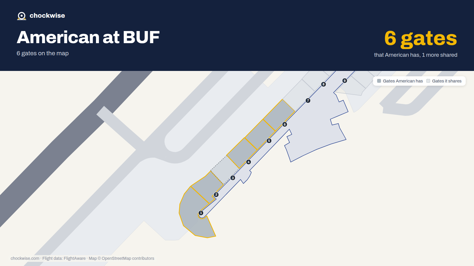 Map of BUF with the gates American Airlines uses highlighted: 1, 2, 4, 5 and 6.