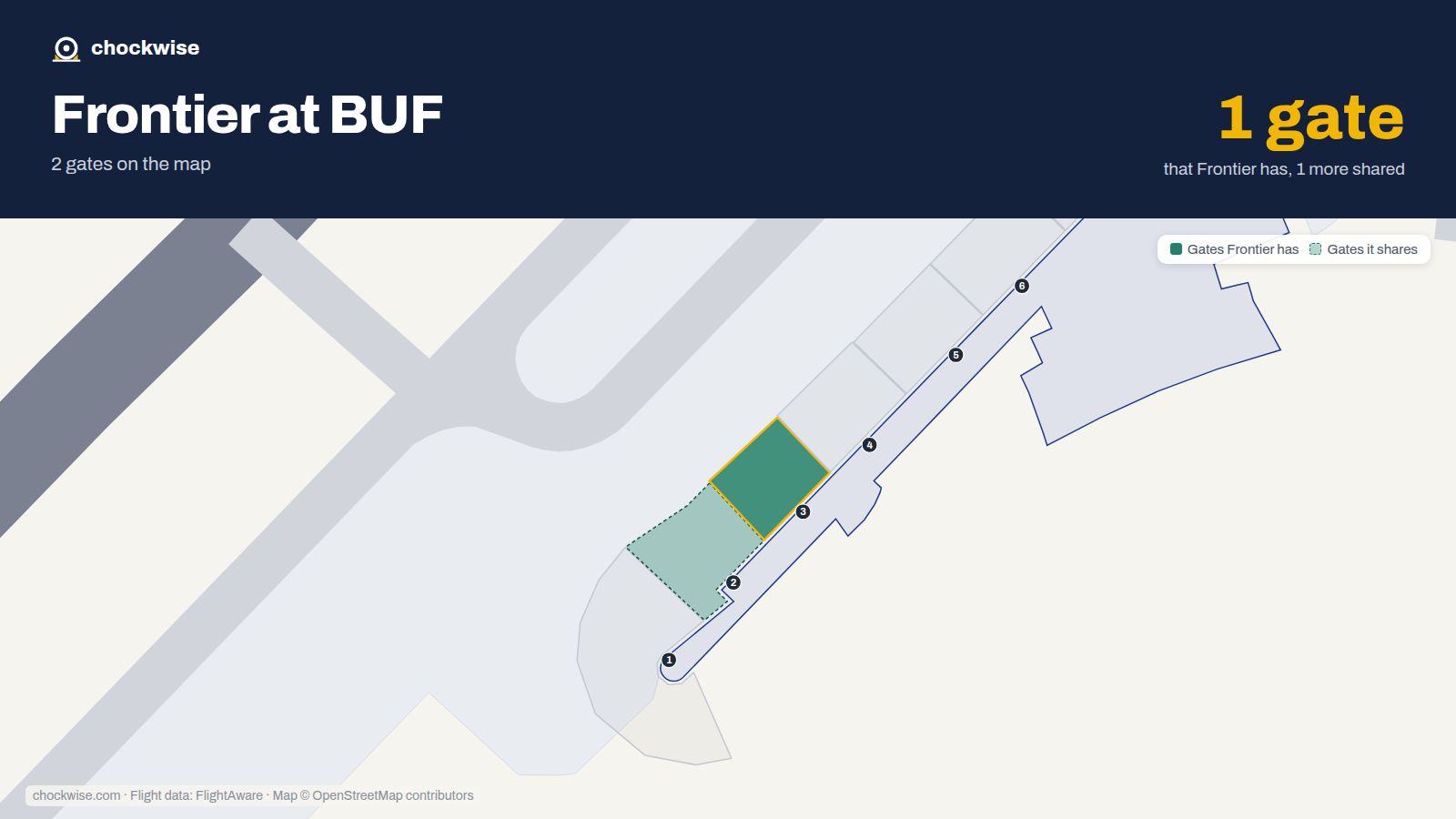 Map of BUF with the gates Frontier Airlines uses highlighted: 3.