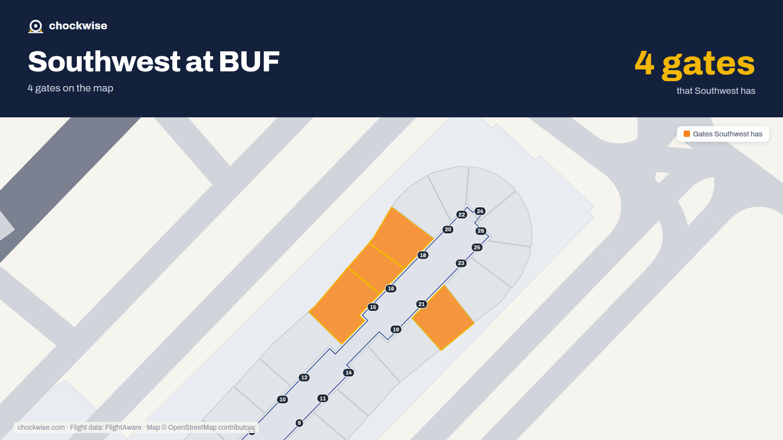Map of BUF with the gates Southwest Airlines uses highlighted: 15, 16, 18 and 21.