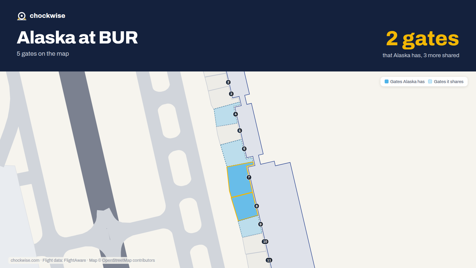 Map of BUR with the gates Alaska Airlines uses highlighted: 7 and 8.