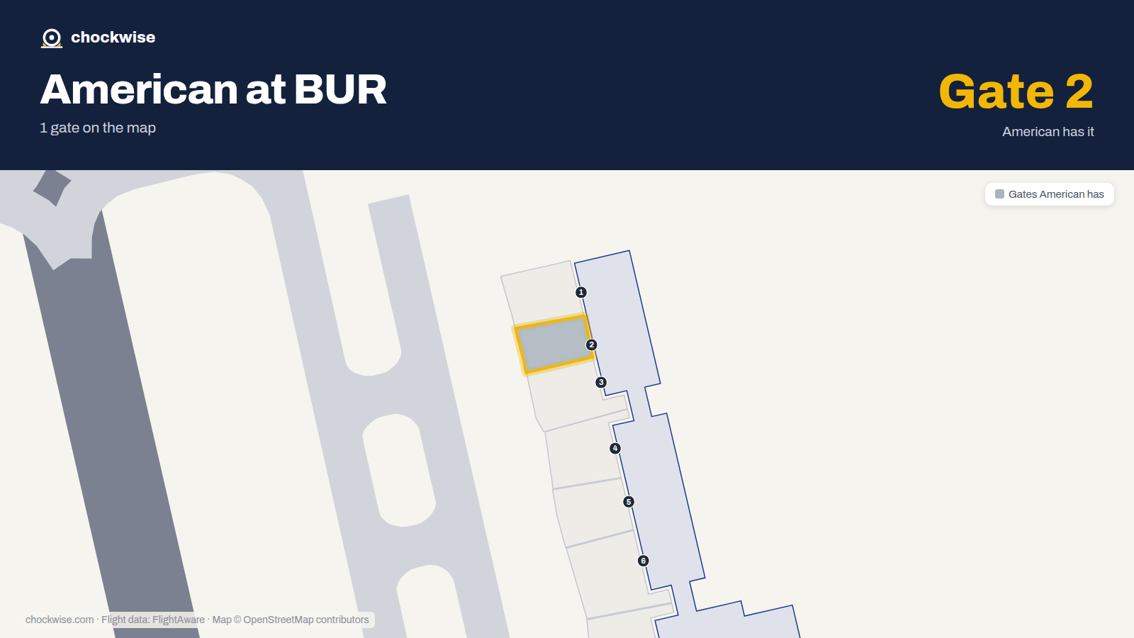Map of BUR with the gates American Airlines uses highlighted: 2.
