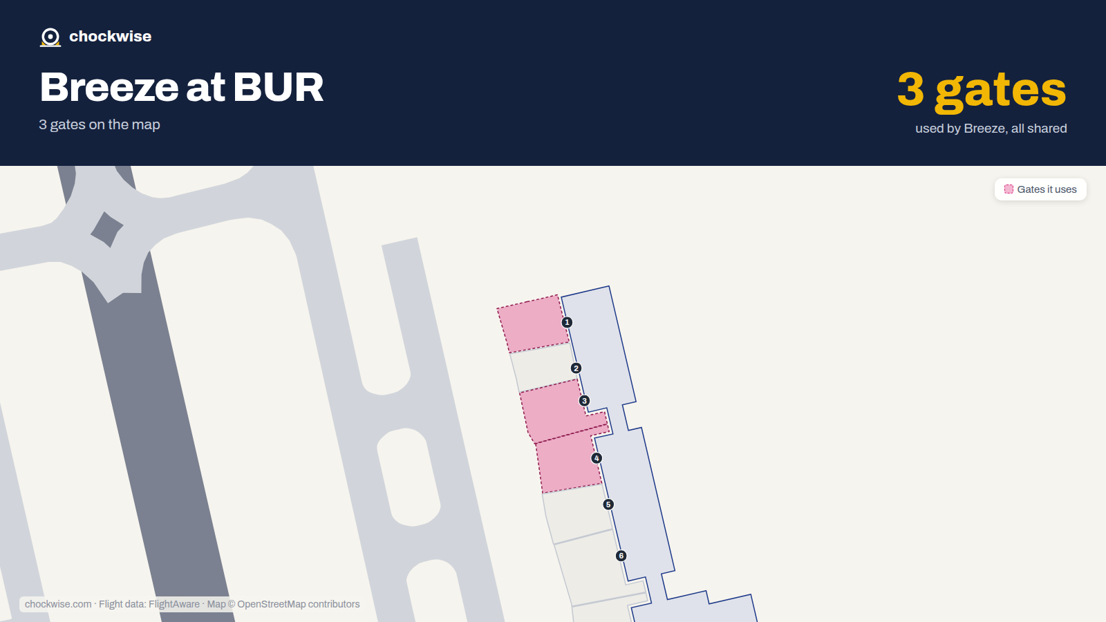 Map of BUR with the gates Breeze Airways uses highlighted: 1, 3 and 4.