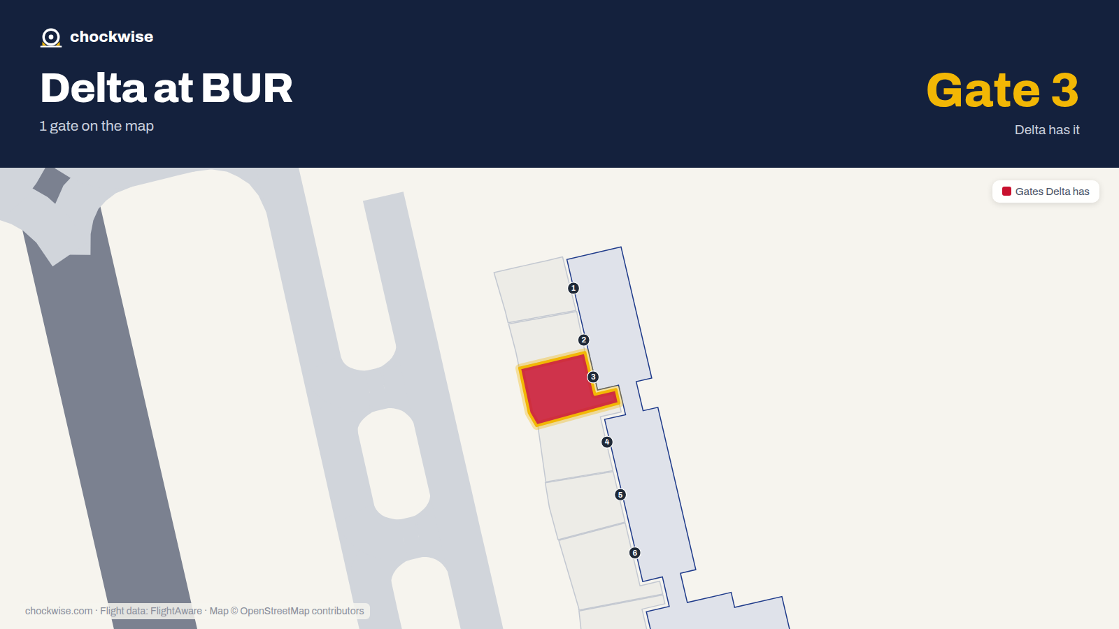 Map of BUR with the gates Delta Air Lines uses highlighted: 3.