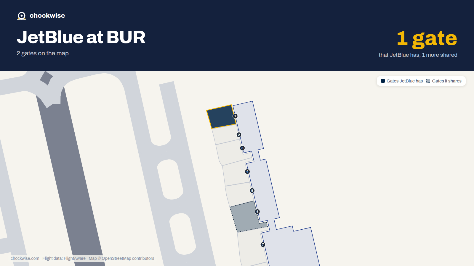 Map of BUR with the gates JetBlue uses highlighted: 1.