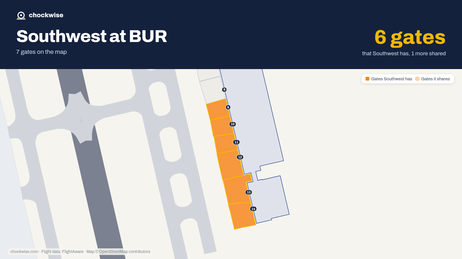Map of BUR with the gates Southwest Airlines uses highlighted: 9, 10, 11, 12, 13 and 14.