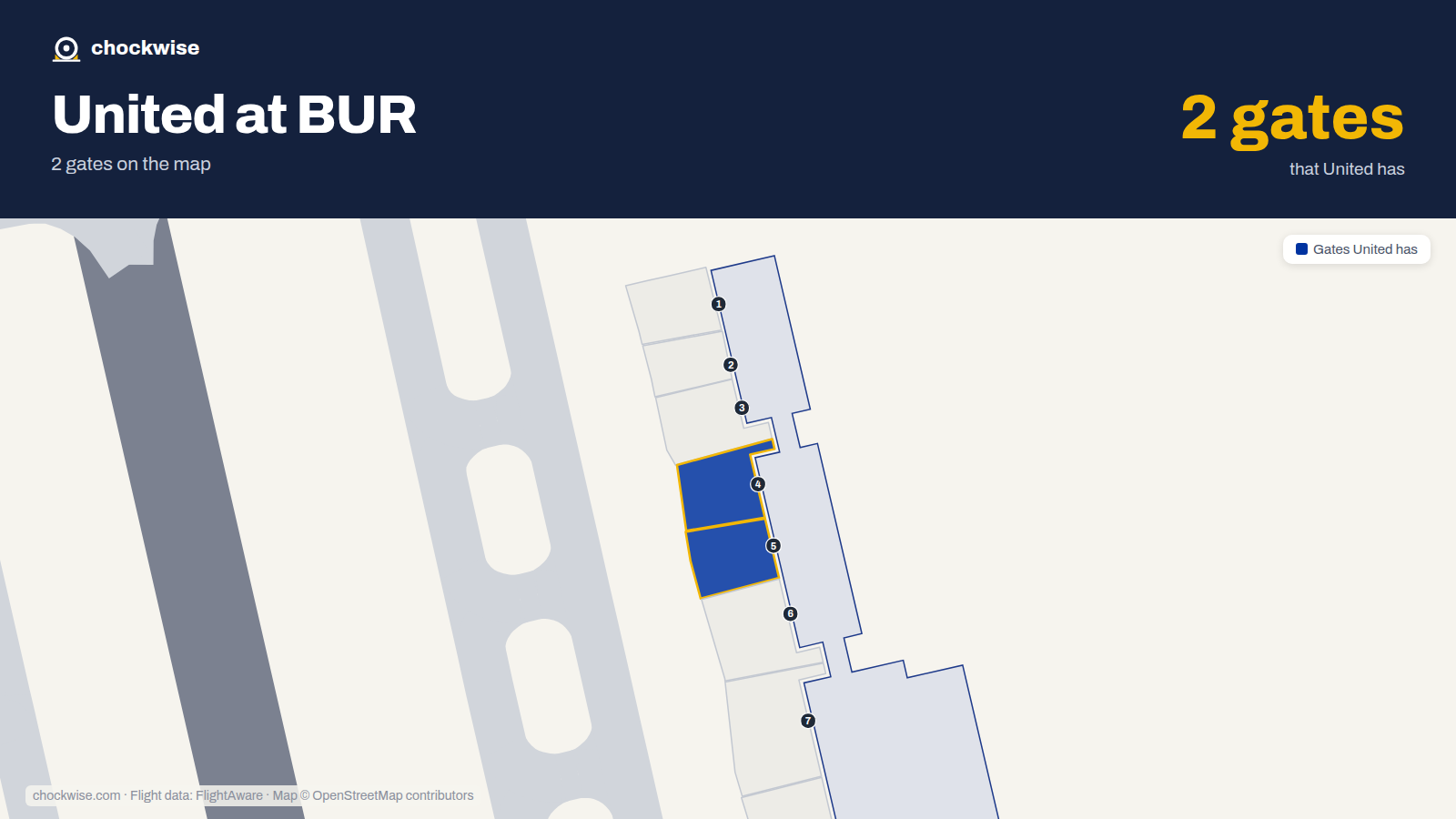 Map of BUR with the gates United Airlines uses highlighted: 4 and 5.