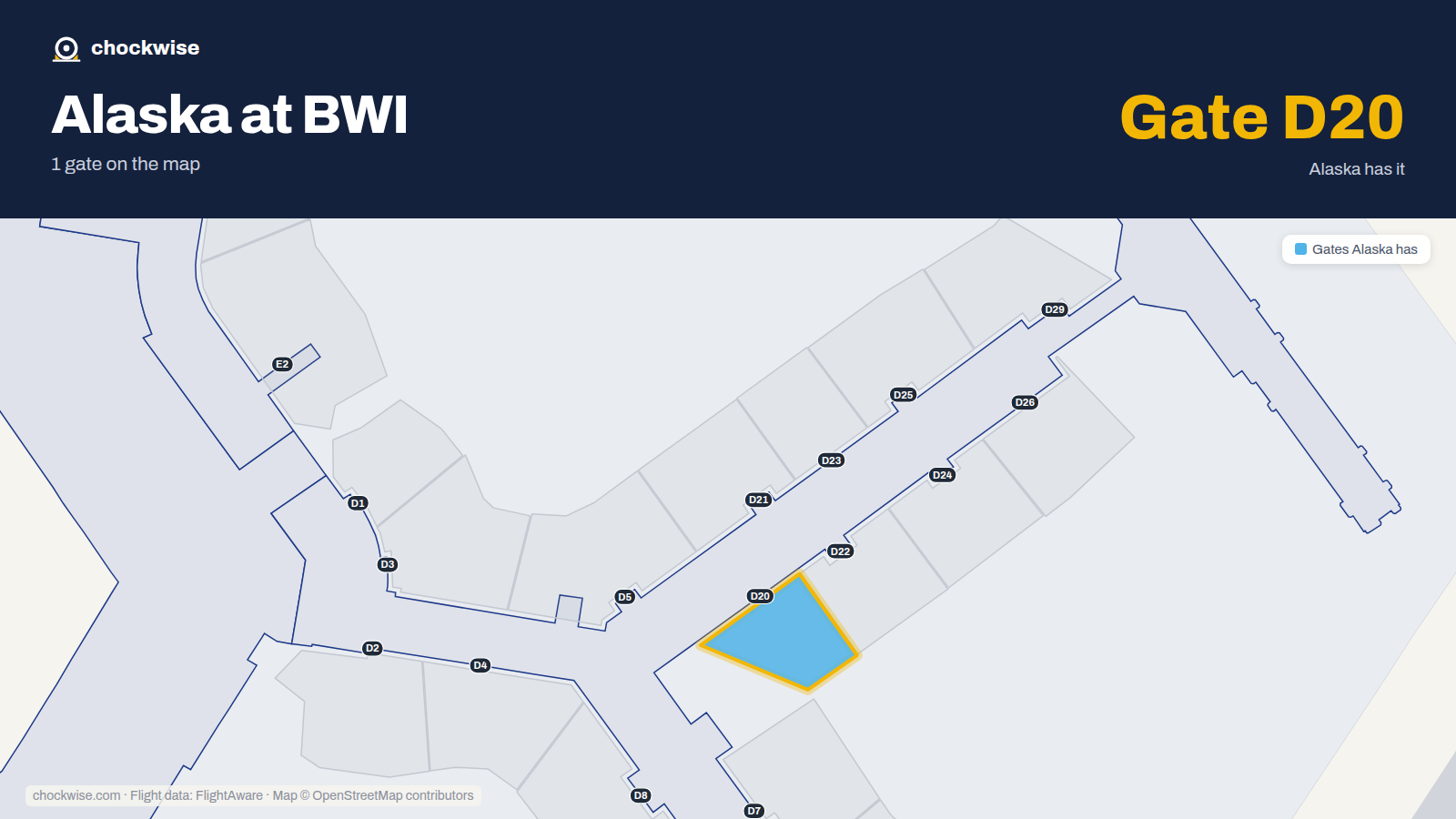 Map of BWI with the gates Alaska Airlines uses highlighted: D20.