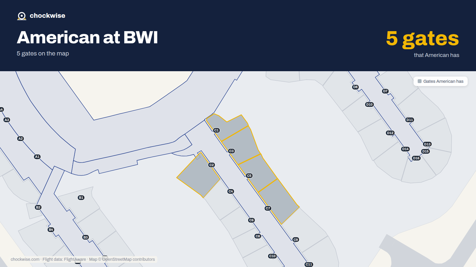 Map of BWI with the gates American Airlines uses highlighted: C1, C2, C3, C5 and C7.