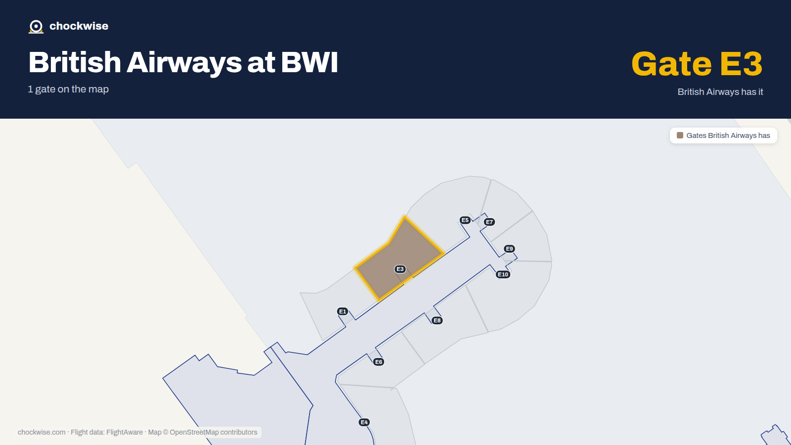 Map of BWI with the gates British Airways uses highlighted: E3.