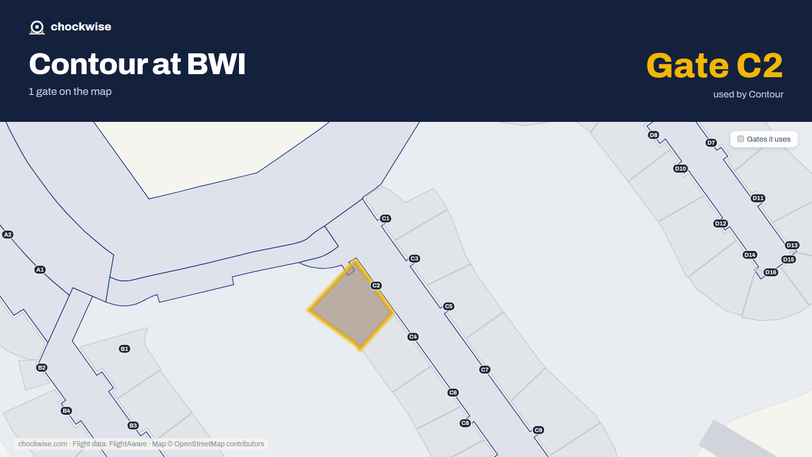 Map of BWI with the gates Contour Airlines uses highlighted: C2.