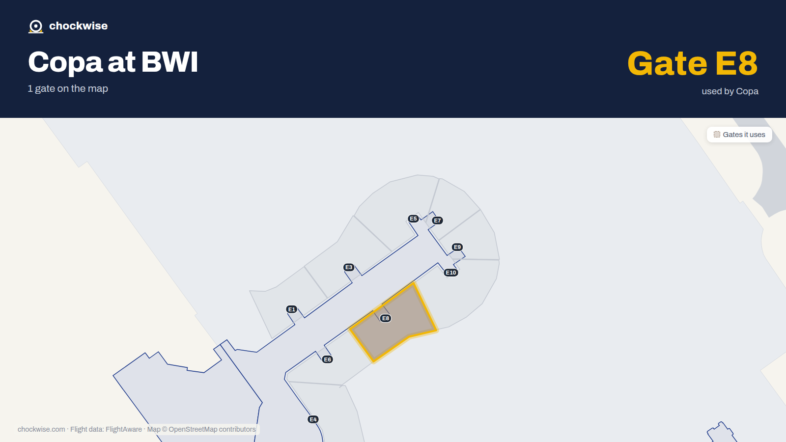 Map of BWI with the gates Copa Airlines uses highlighted: E8.