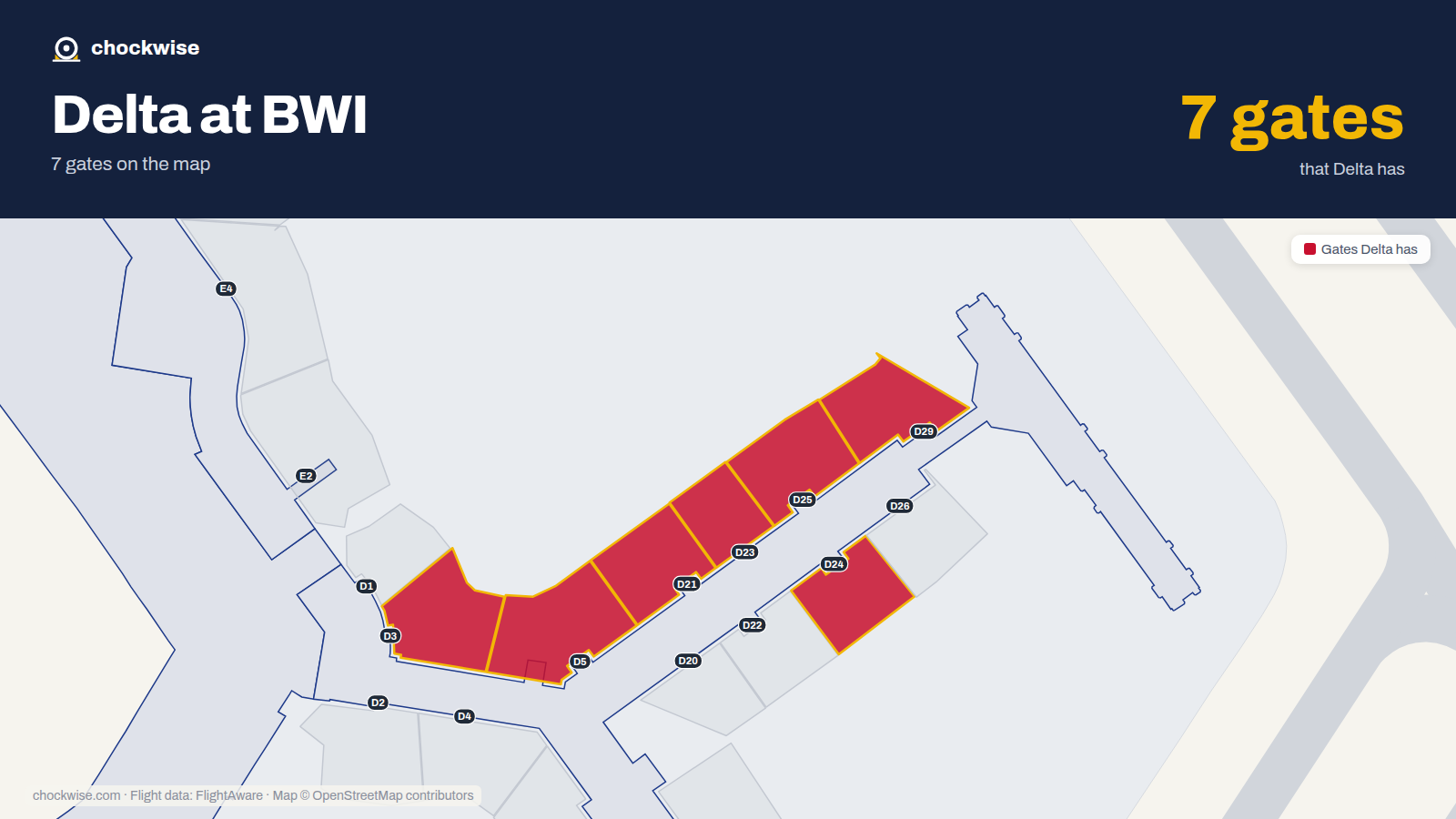 Map of BWI with the gates Delta Air Lines uses highlighted: D3, D5, D21, D23, D24, D25 and D29.