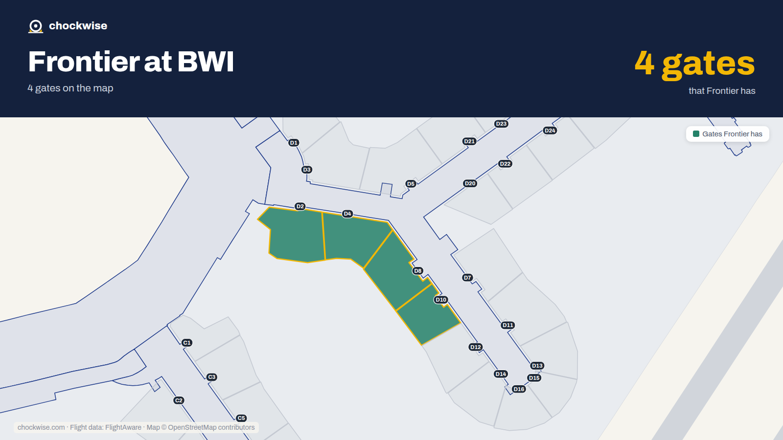 Map of BWI with the gates Frontier Airlines uses highlighted: D2, D4, D8 and D10.