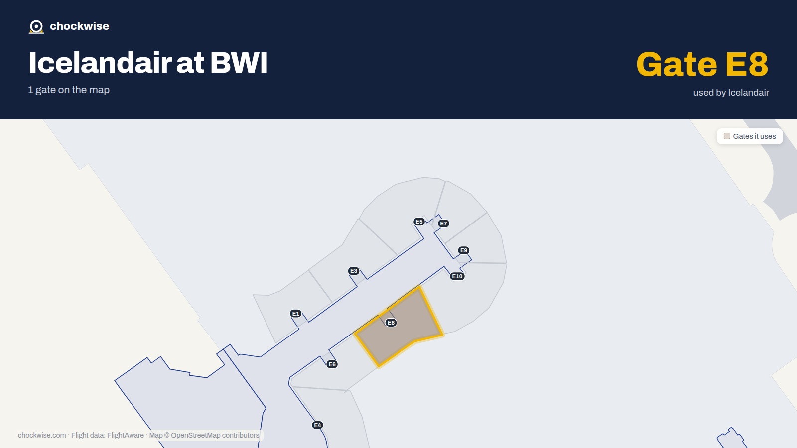 Map of BWI with the gates Icelandair uses highlighted: E8.