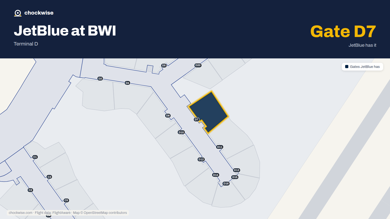 Map of BWI with the gates JetBlue uses highlighted: D7.