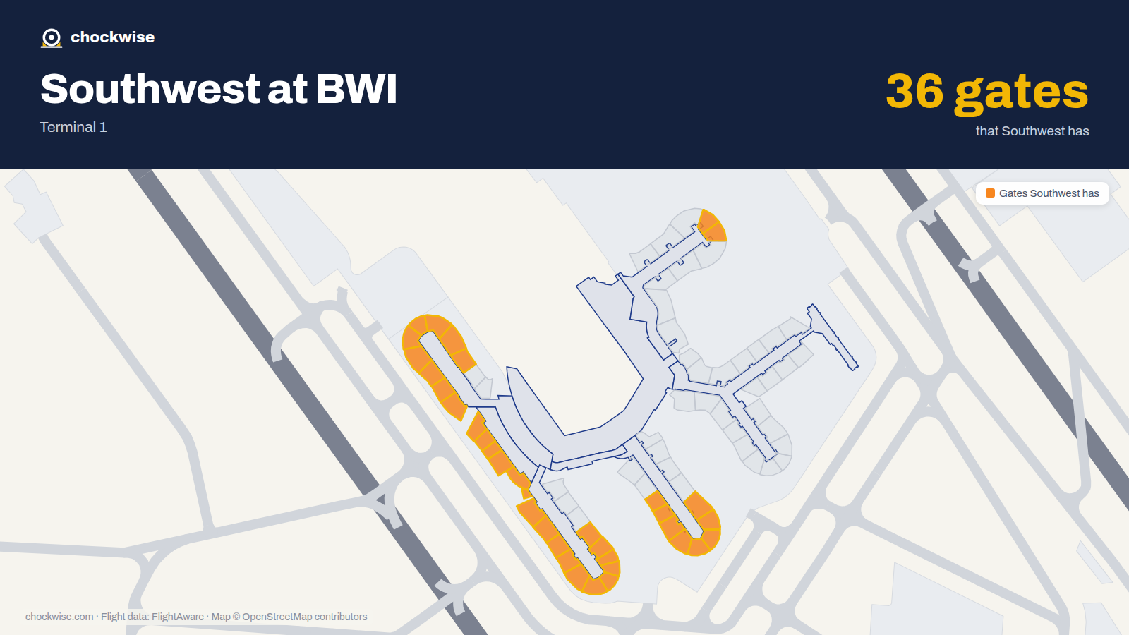 Map of BWI with the gates Southwest Airlines uses highlighted: A1, A2, B2, A3, A4, B4, A5, B6 and 28 more.