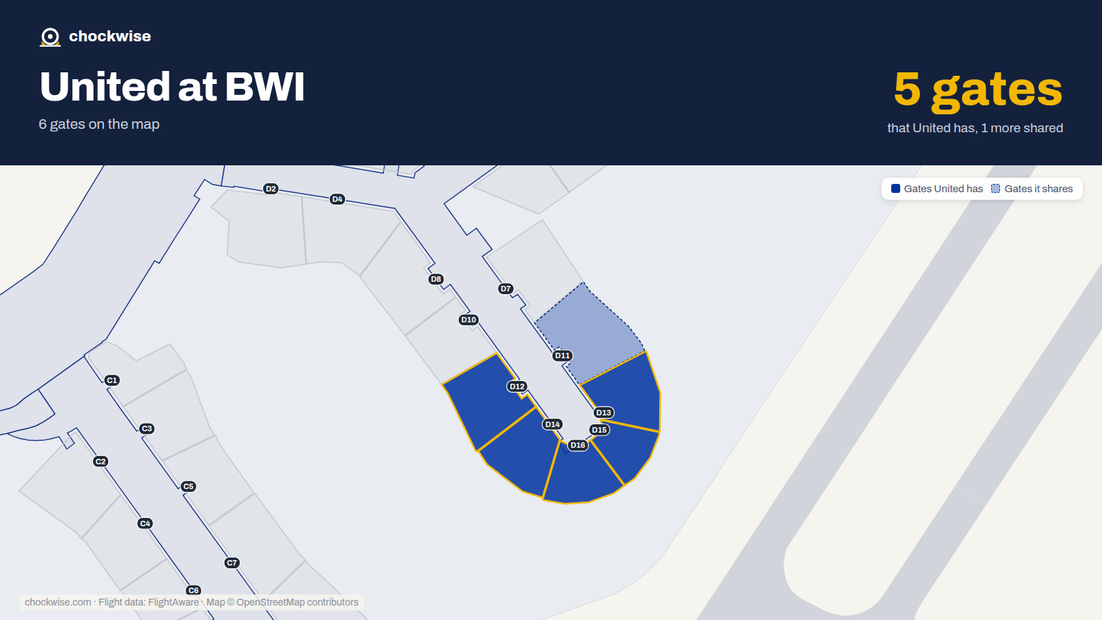 Map of BWI with the gates United Airlines uses highlighted: D12, D13, D14, D15 and D16.