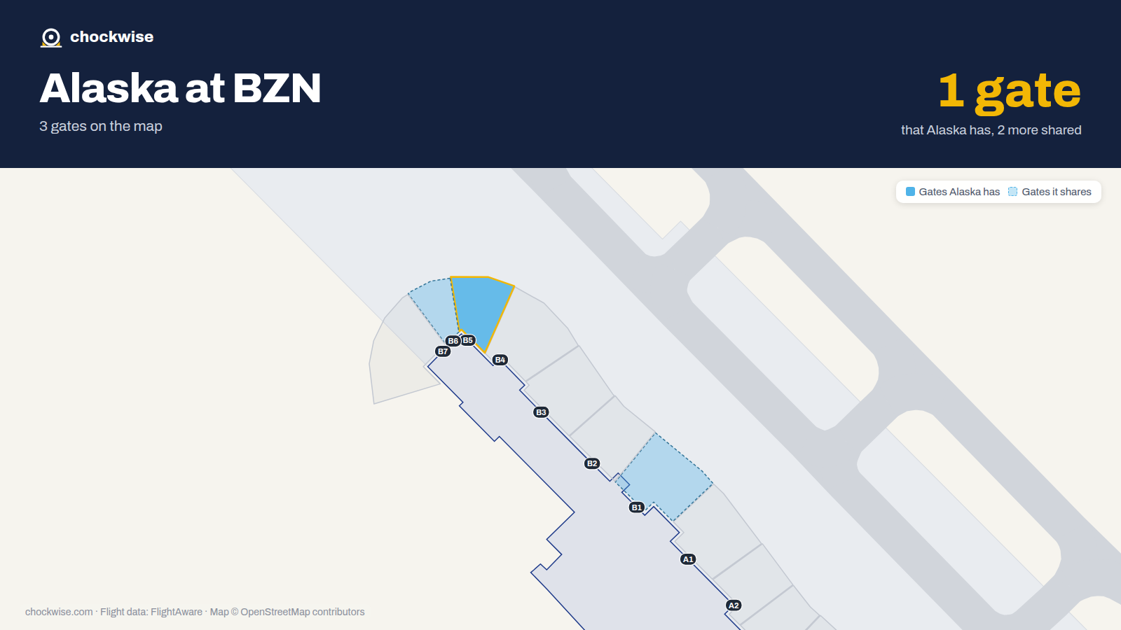 Map of BZN with the gates Alaska Airlines uses highlighted: B5.