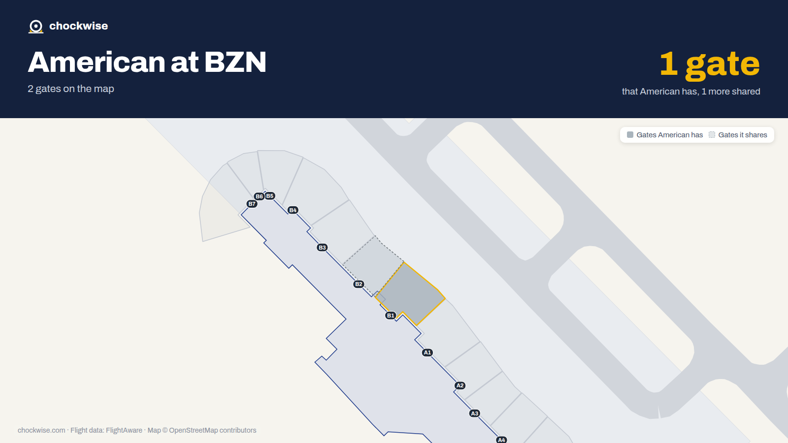 Map of BZN with the gates American Airlines uses highlighted: B1.