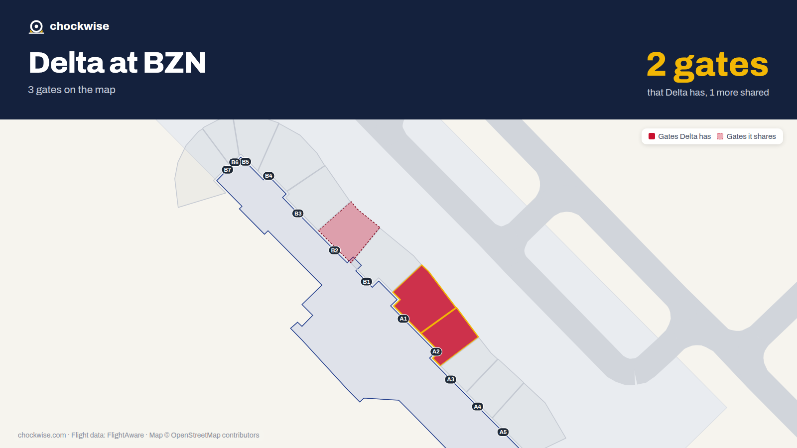 Map of BZN with the gates Delta Air Lines uses highlighted: A1 and A2.