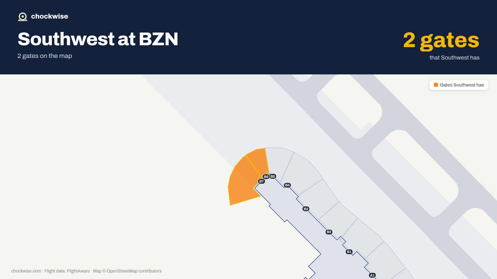 Map of BZN with the gates Southwest Airlines uses highlighted: B6 and B7.