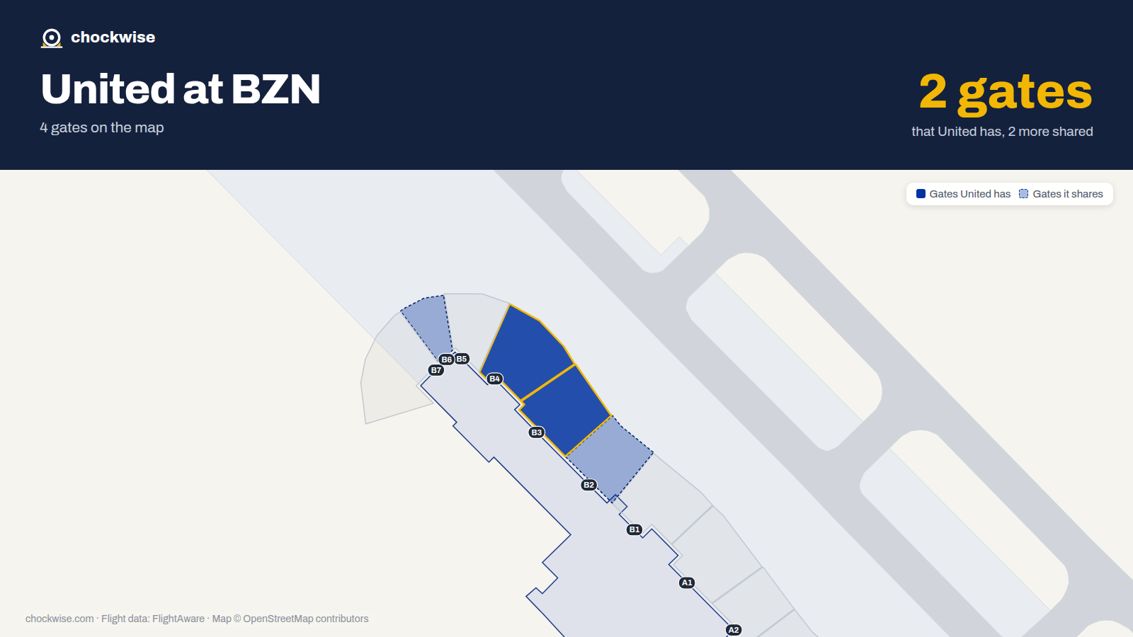 Map of BZN with the gates United Airlines uses highlighted: B3 and B4.