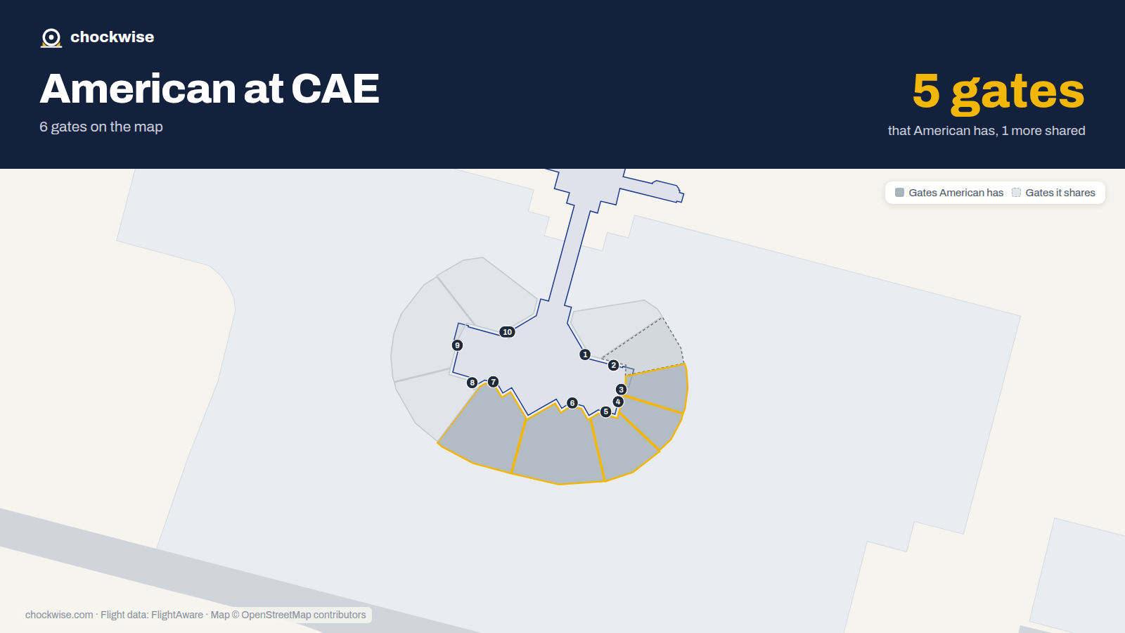 Map of CAE with the gates American Airlines uses highlighted: 3, 4, 5, 6 and 7.