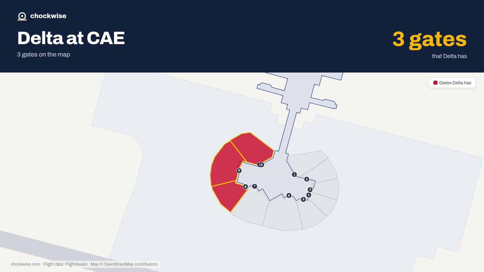 Map of CAE with the gates Delta Air Lines uses highlighted: 8, 9 and 10.
