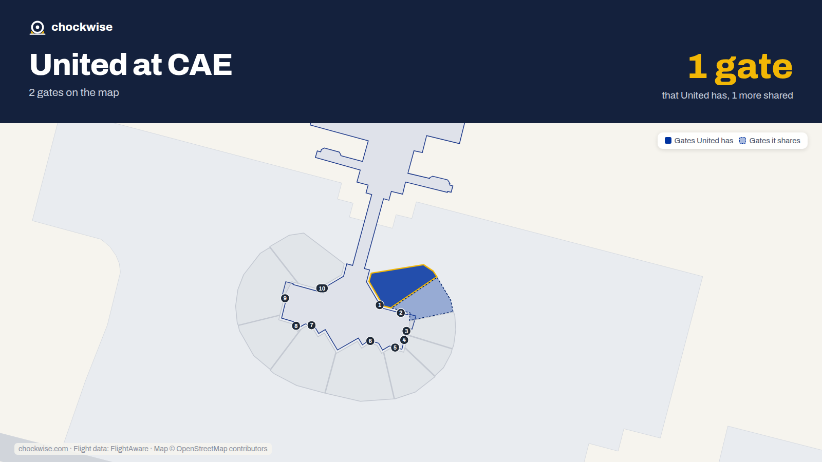 Map of CAE with the gates United Airlines uses highlighted: 1.