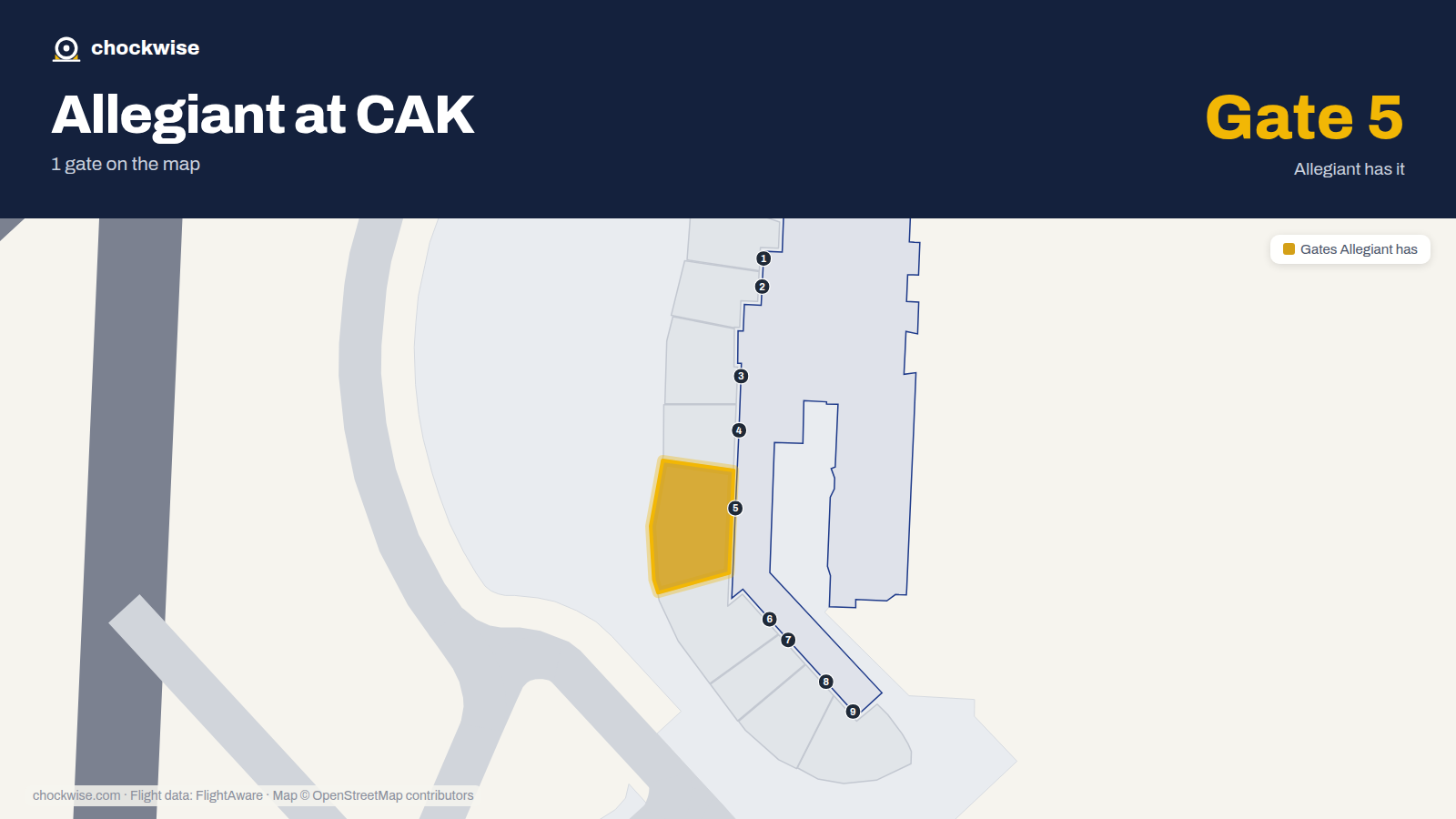 Map of CAK with the gates Allegiant Air uses highlighted: 5.