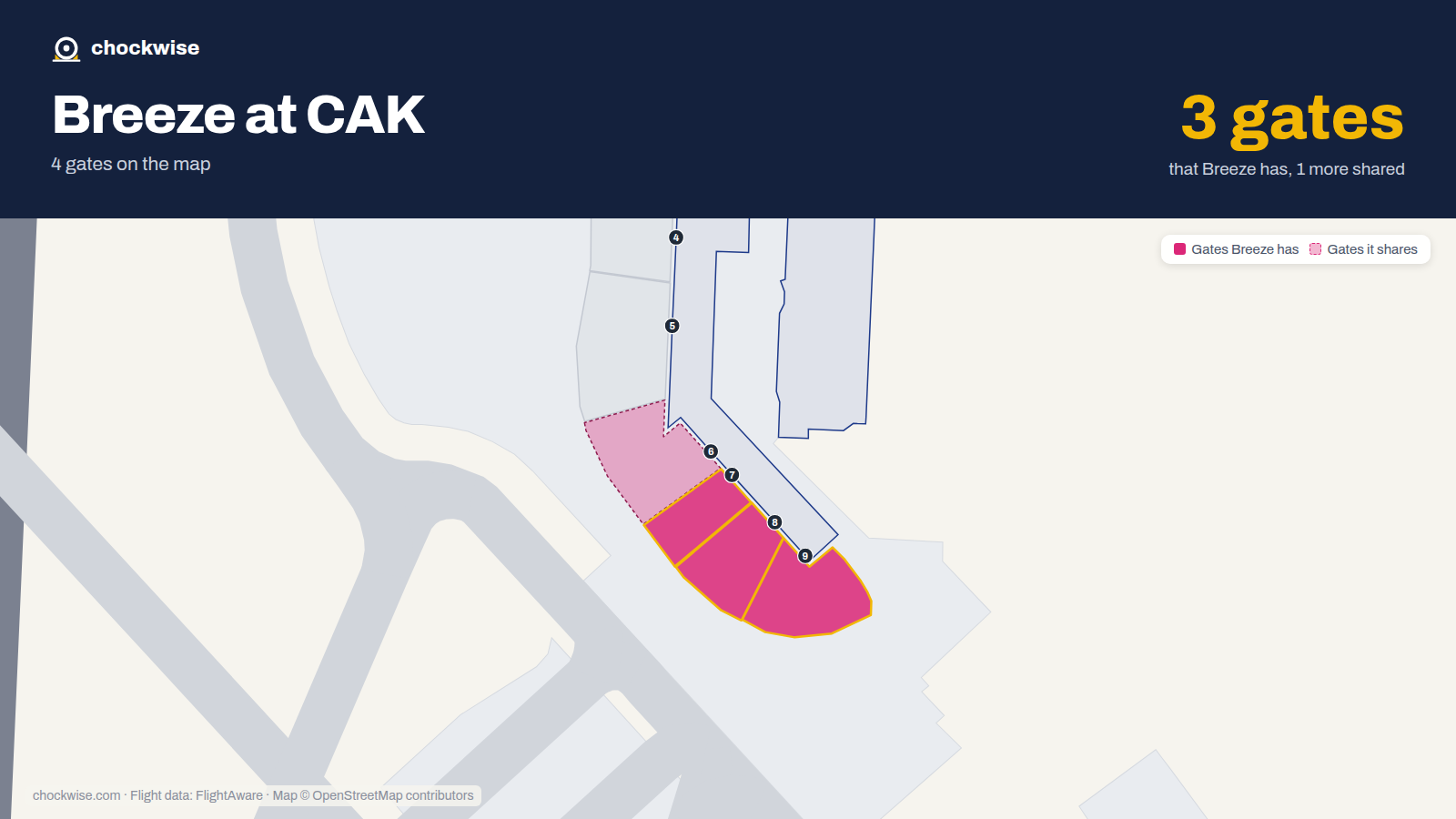 Map of CAK with the gates Breeze Airways uses highlighted: 7, 8 and 9.