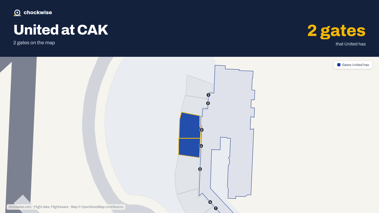 Map of CAK with the gates United Airlines uses highlighted: 3 and 4.