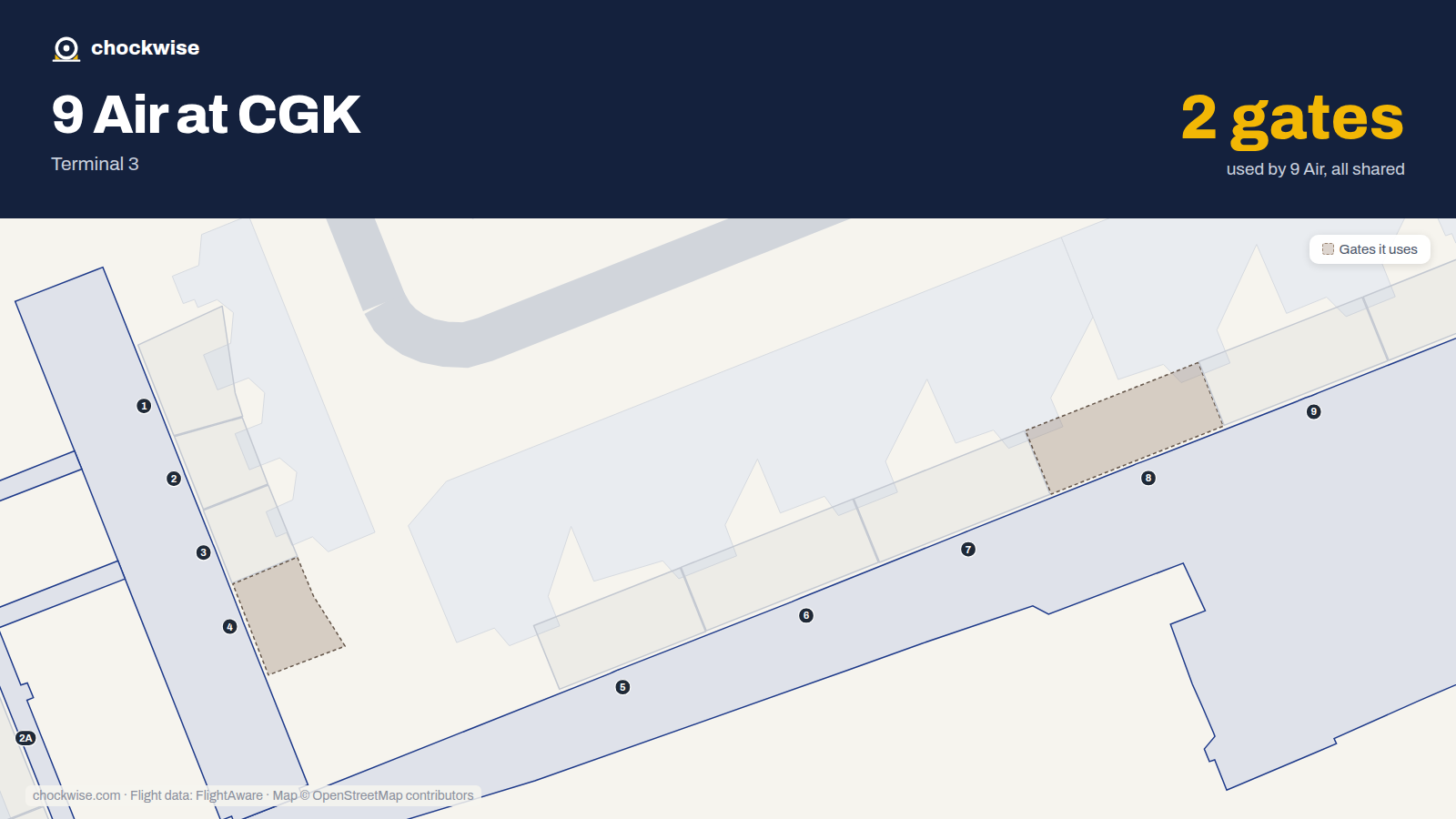 Map of CGK with the gates 9 Air uses highlighted: 4 and 8.
