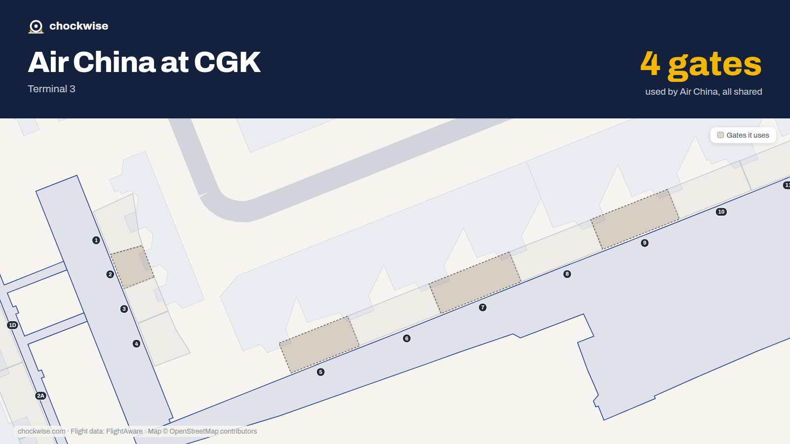Map of CGK with the gates Air China uses highlighted: 2, 5, 7 and 9.