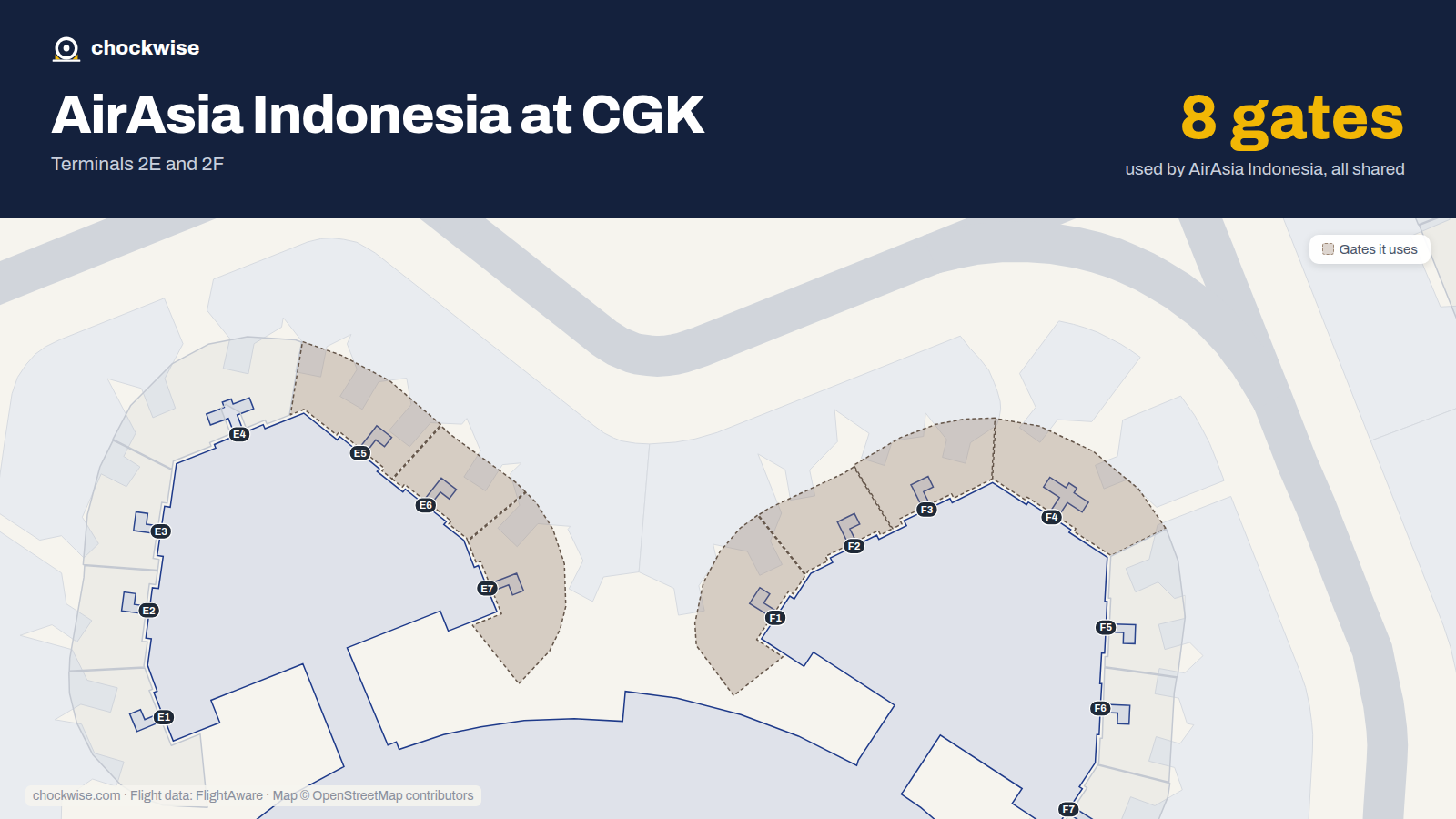 Map of CGK with the gates Indonesia AirAsia uses highlighted: F1, F2, F3, F4, E5, E6, E7 and 18.