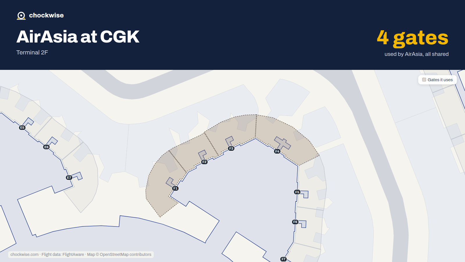 Map of CGK with the gates AirAsia uses highlighted: F1, F2, F3 and F4.