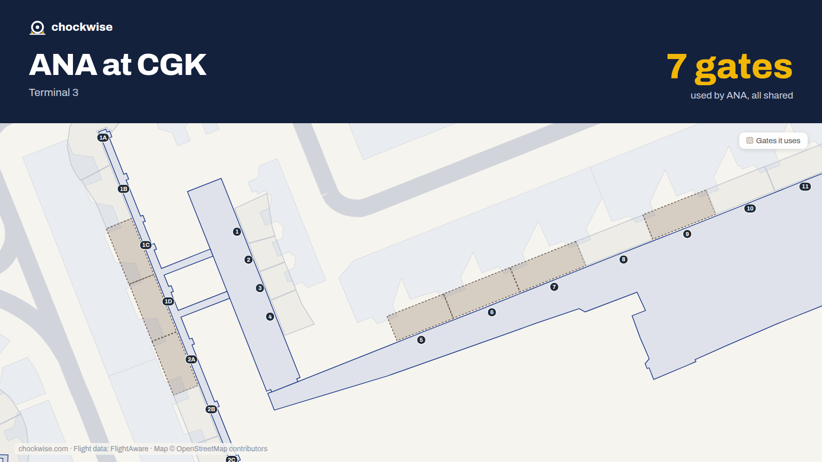 Map of CGK with the gates All Nippon Airways (ANA) uses highlighted: 1C, 1D, 2A, 5, 6, 7 and 9.