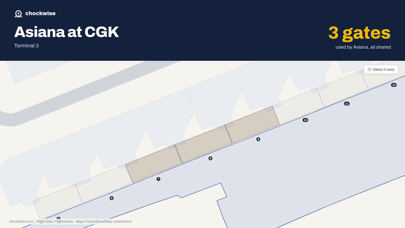 Map of CGK with the gates Asiana Airlines uses highlighted: 7, 8 and 9.
