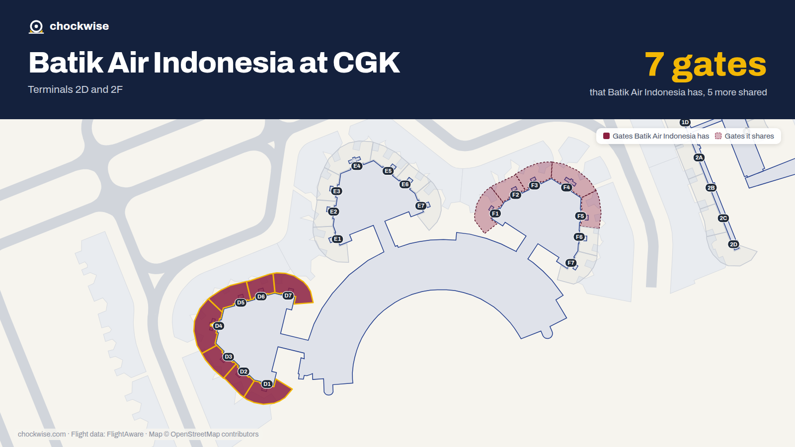 Map of CGK with the gates Batik Air Indonesia uses highlighted: D1, D2, D3, D4, D5, D6 and D7.