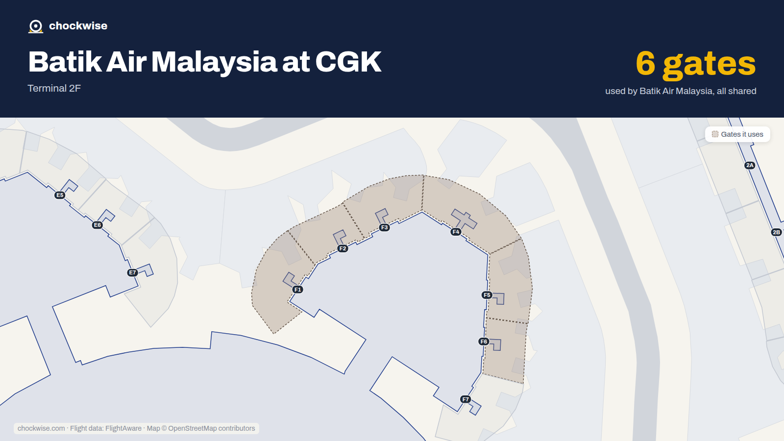 Map of CGK with the gates Batik Air Malaysia uses highlighted: F1, F2, F3, F4, F5 and F6.