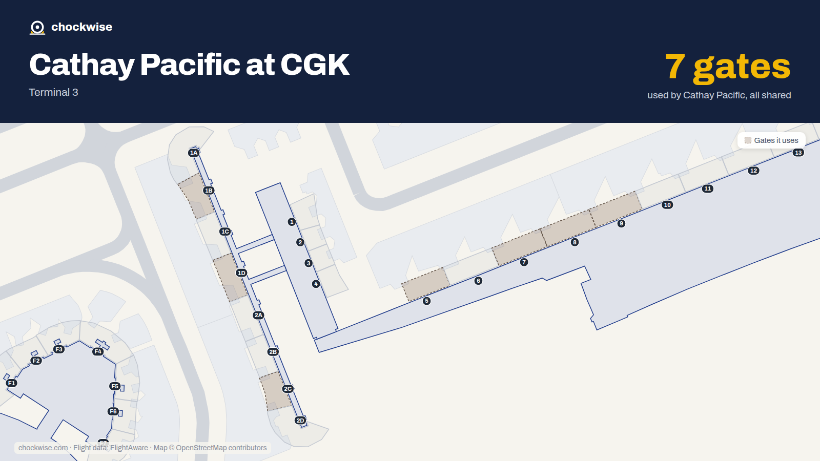 Map of CGK with the gates Cathay Pacific uses highlighted: 1B, 1D, 2C, 5, 7, 8 and 9.