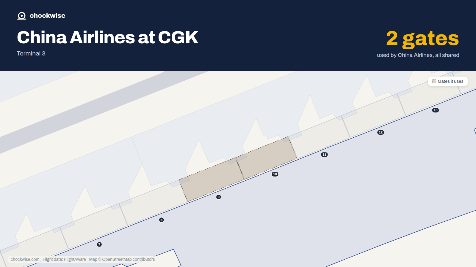 Map of CGK with the gates China Airlines uses highlighted: 9 and 10.