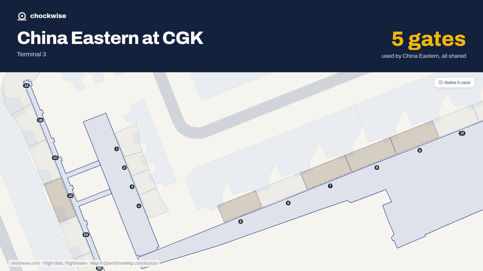 Map of CGK with the gates China Eastern uses highlighted: 1D, 5, 7, 8 and 9.