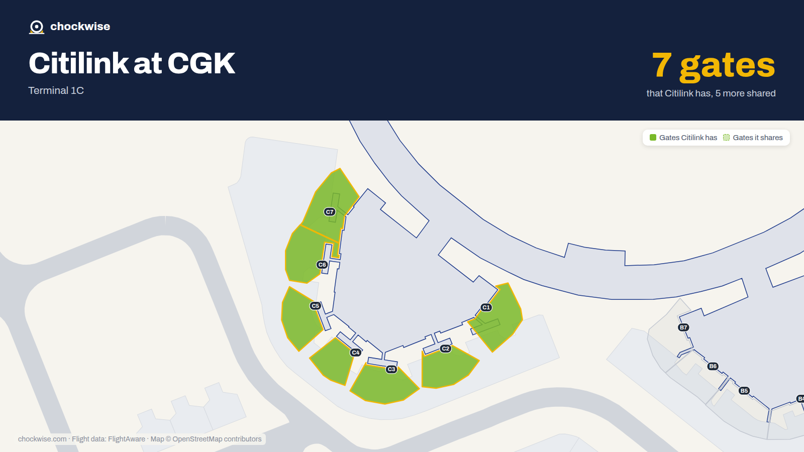 Map of CGK with the gates Citilink uses highlighted: C1, C2, C3, C4, C5, C6 and C7.