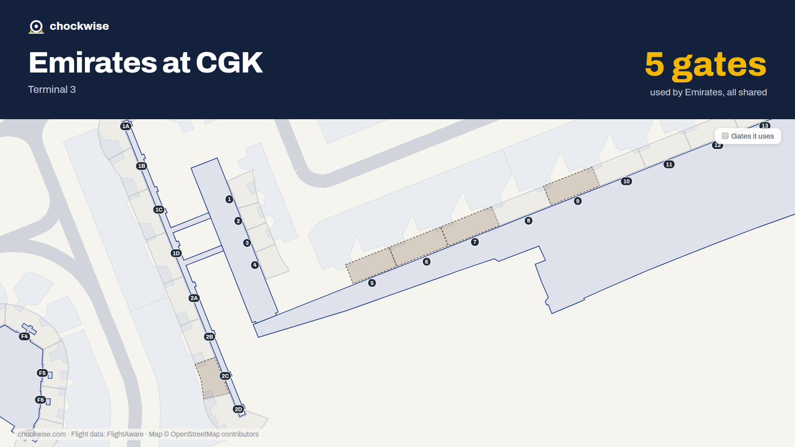 Map of CGK with the gates Emirates uses highlighted: 2C, 5, 6, 7 and 9.