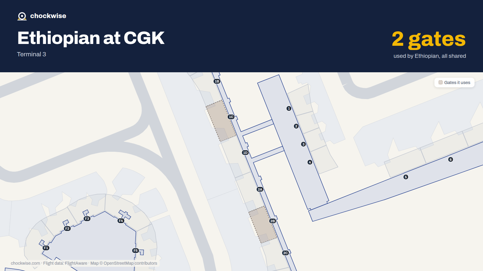 Map of CGK with the gates Ethiopian Airlines uses highlighted: 1C and 2B.