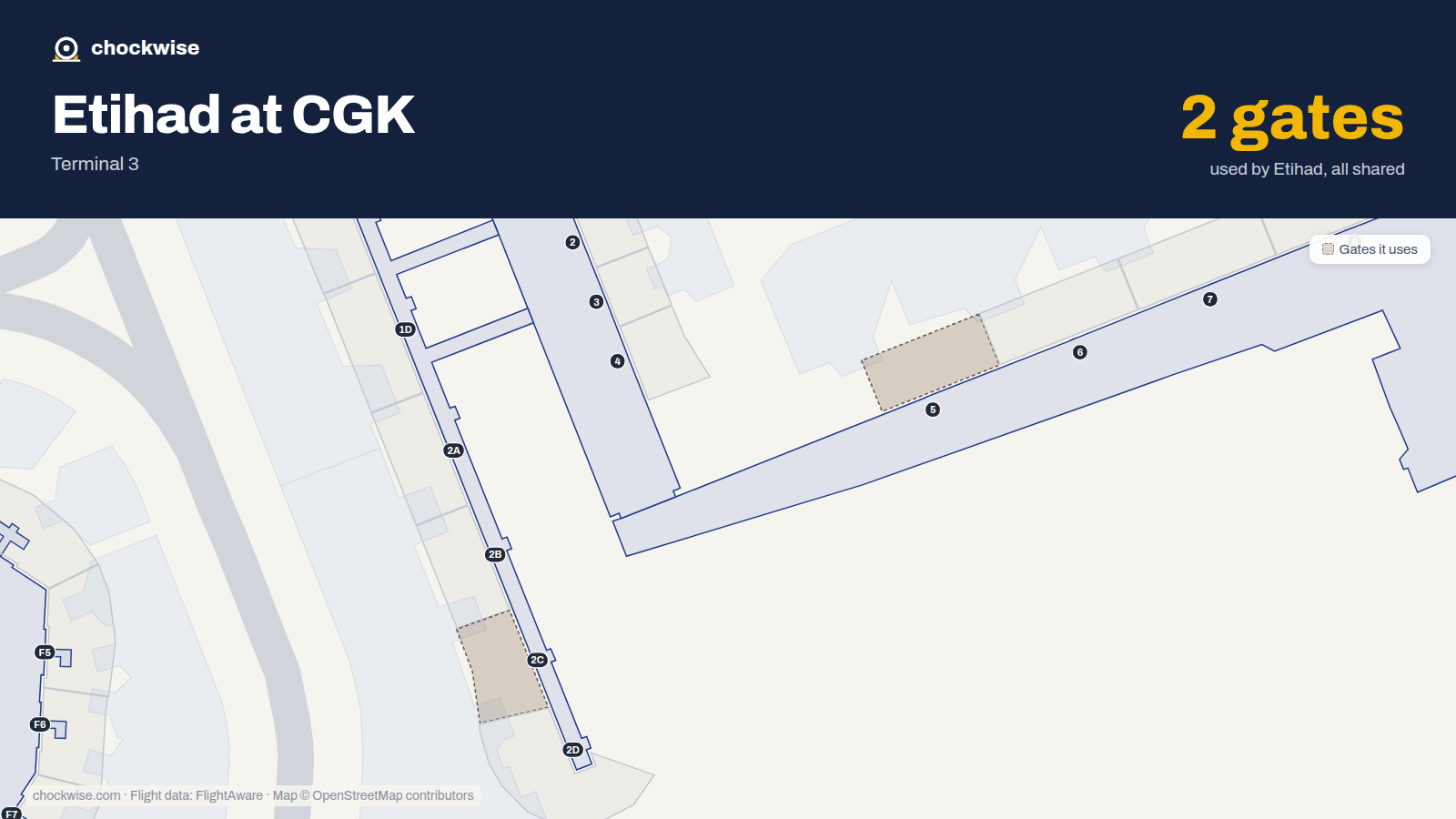 Map of CGK with the gates Etihad Airways uses highlighted: 2C and 5.