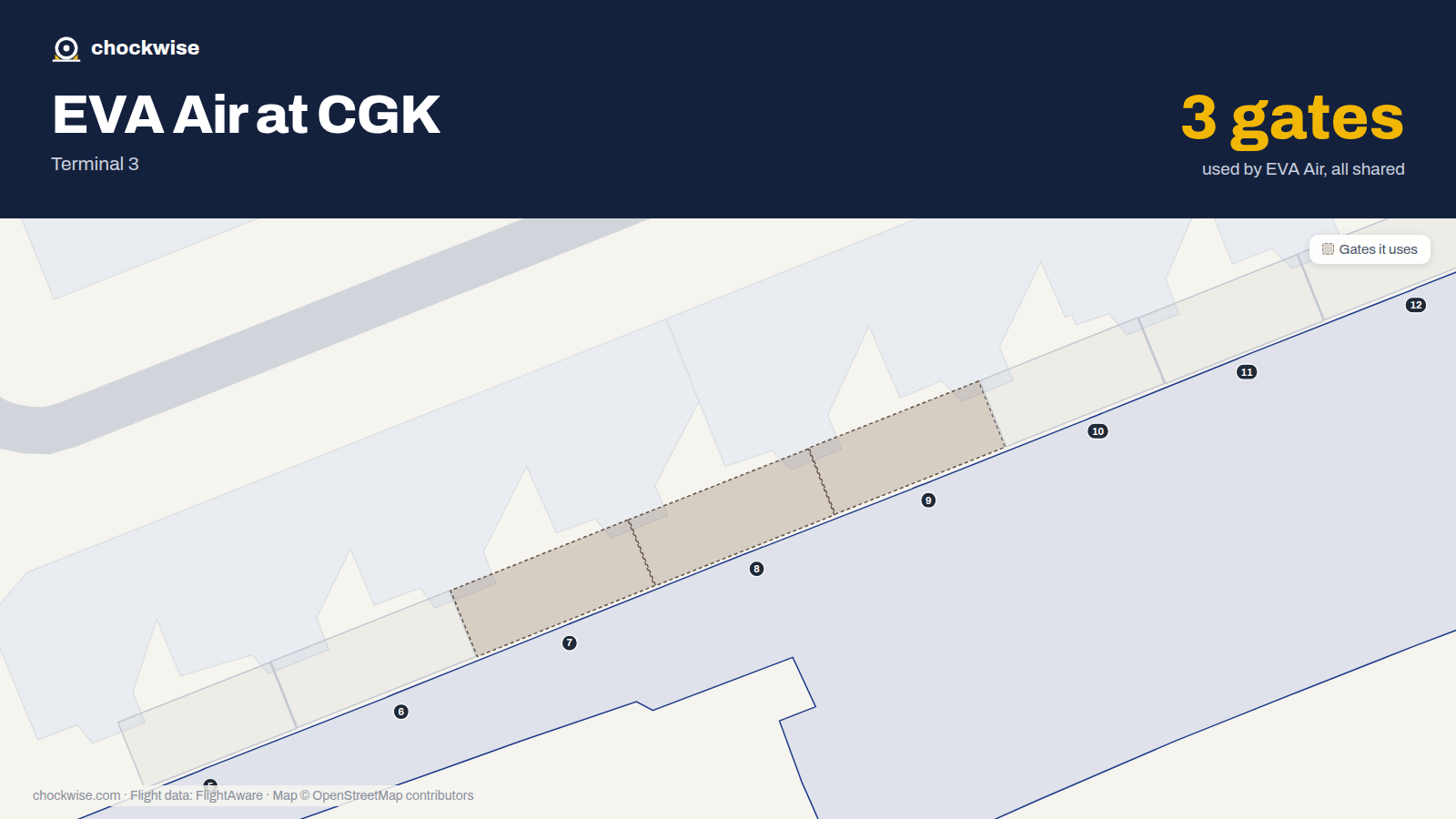 Map of CGK with the gates EVA Air uses highlighted: 7, 8 and 9.