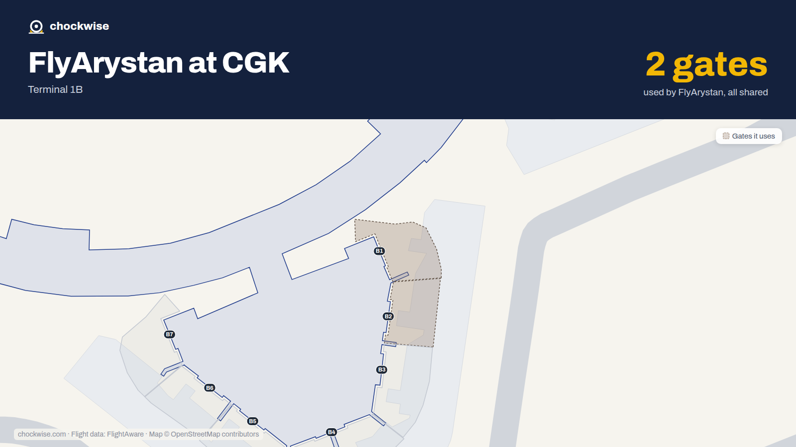 Map of CGK with the gates FlyArystan uses highlighted: B1 and B2.